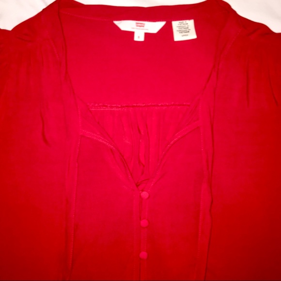 Vintage Inspired Red Blouse with Tie and Buttons, 3/4 Puffed Sleeve Levi's Small - Picture 5 of 15